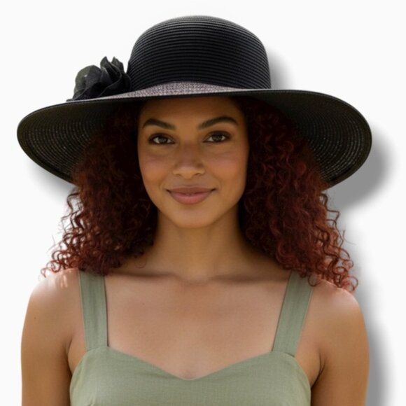 Nine West Floppy Hat Wide Brim  All Season Summer Flower Applique Black OS - Picture 16 of 16